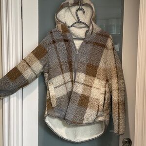 Weatherproof Ladies Plaid Hoodie - Brown, Gray, Cream.  Reversible.  Never worn.